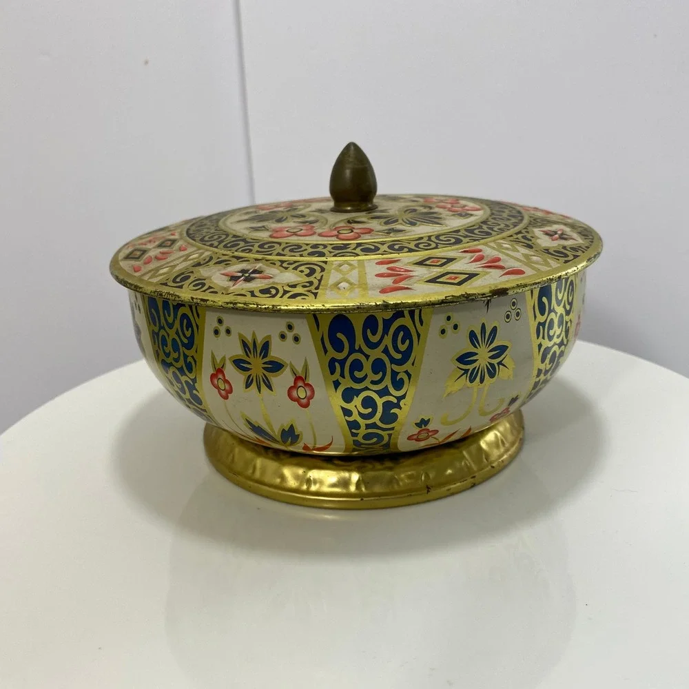 Vintage Crown Derby England Footed Biscuit Tin Imari Floral Gold Blue Red 7in